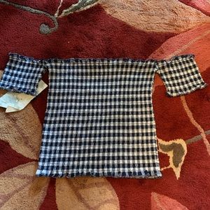 Navy/white plaid fitted off the shoulder crop top